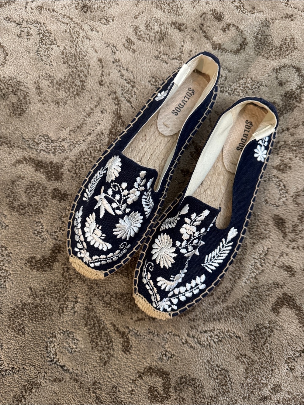 Soludos Navy Canvas Espadrille Loafers with White Floral Embroidery